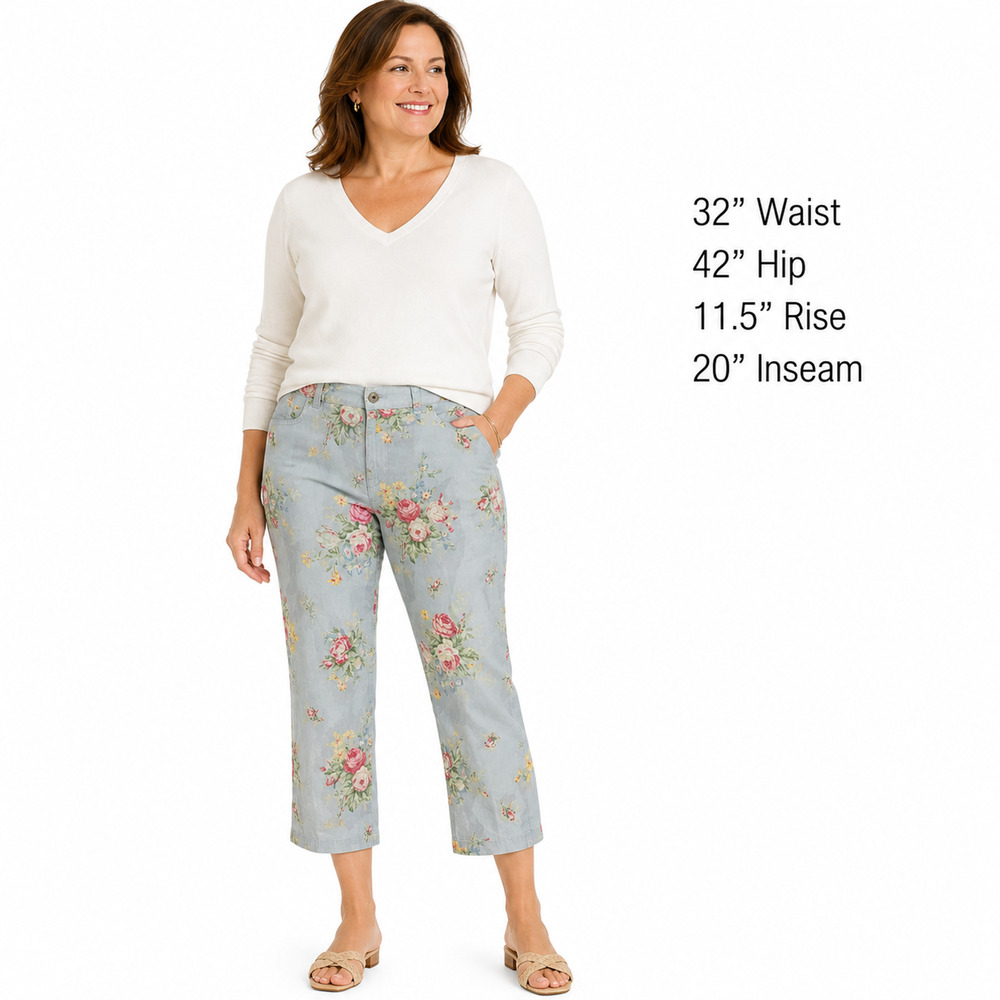 Lauren Ralph Lauren Light Blue Pink Floral Stretch Cotton Cropped Pants sz 14